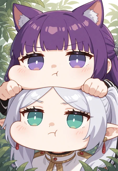  masterpiece, newest, absurdres, safe, masterpiece, best quality, newest, highres, absurdres, 1girl, fern, solo, sousounofrieren, purple hair, chibi, cat ears, pout
