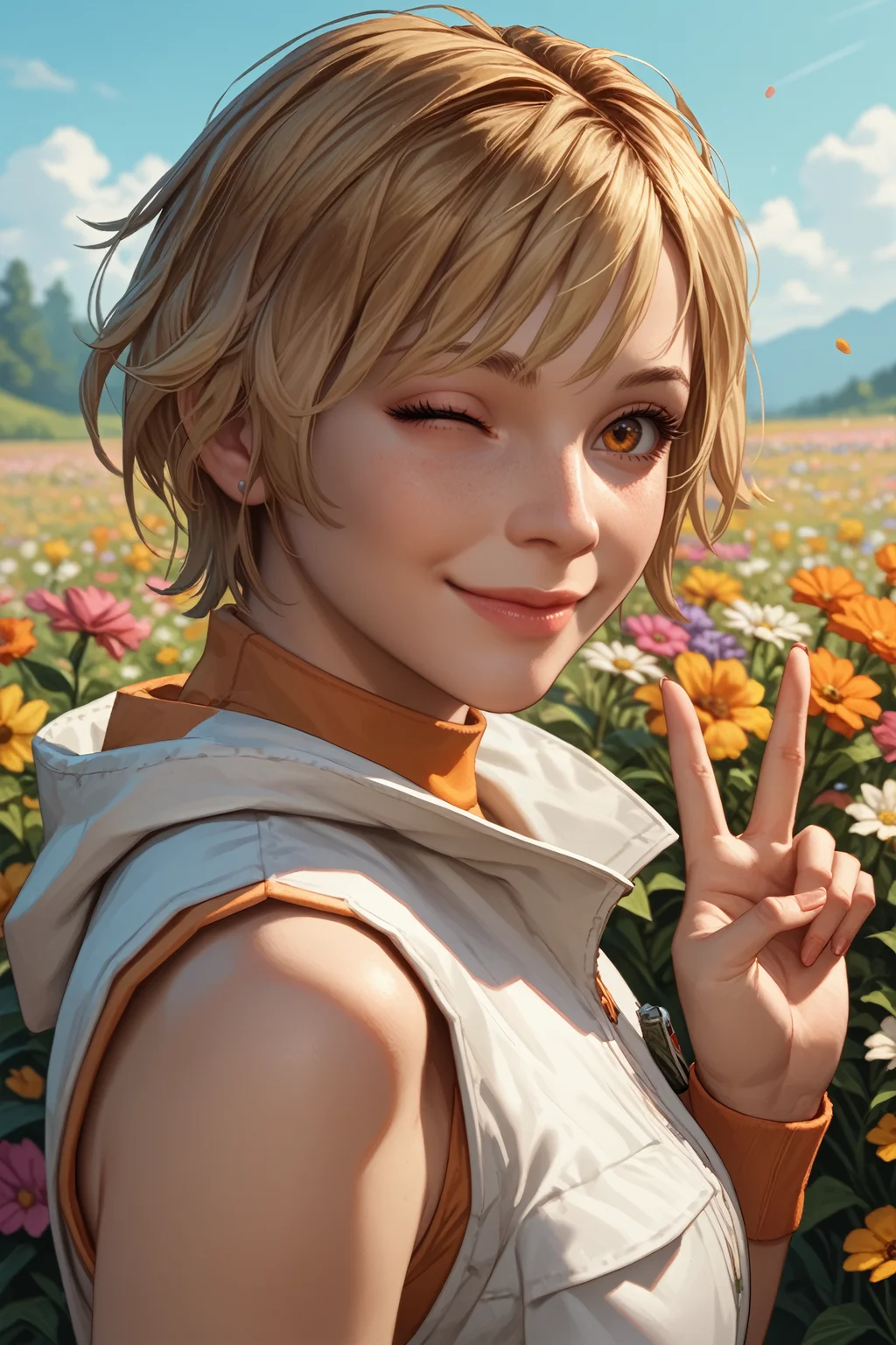 score_9, score_8_up, score_7_up,
<lora:SH3Heather:0.8>
SH3Heather, 1girl, blonde hair, short hair, amber eyes, from side, wink, happy, smile, closed mouth, peace sign, flowers, meadow