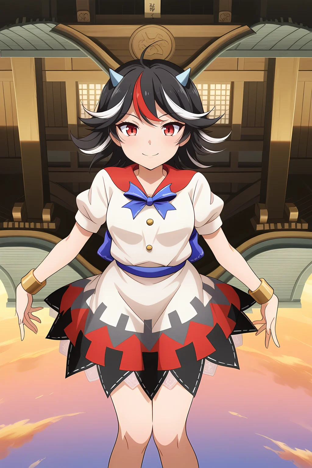 absurdres, highres, masterpiece, best quality, amazing quality, official anime artwork, screencap, anime screencap, outdoors, light smile, looking at viewer, dynamic pose, upside down, upside down shrine, midair, flying, sky, reversed world, reversed temple,
<lora:Seija-Kijin_Illustrious:1> kijin seija, 1girl, solo, red eyes, black hair, multicolored hair, streaked hair, horns,, white dress, short sleeves, blue bow, bracelet, arrow print,