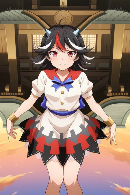 absurdres, highres, masterpiece, best quality, amazing quality, official anime artwork, screencap, anime screencap, outdoors, light smile, looking at viewer, dynamic pose, upside down, upside down shrine, midair, flying, sky,  reversed world, reversed temple, 
 <lora:Seija-Kijin_Illustrious:1> kijin seija, 1girl, solo, red eyes, black hair, multicolored hair, streaked hair, horns,, white dress, short sleeves, blue bow, bracelet, arrow print,