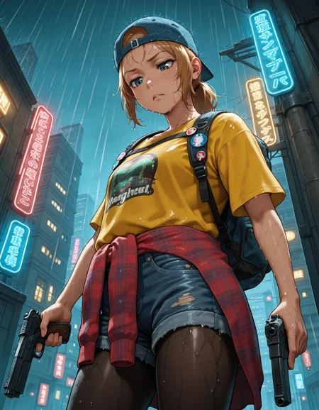<lora:holly-forrester-illustrious-000013:0.7> holfor, backwards cap, t-shirt, yellow shirt, backpack, button badge, clothes around waist, denim shorts, pantyhose
1girl, solo, holding gun, handgun, disdain, looking down, from below, rain, wet, neon lights, city lights
best quality, great quality