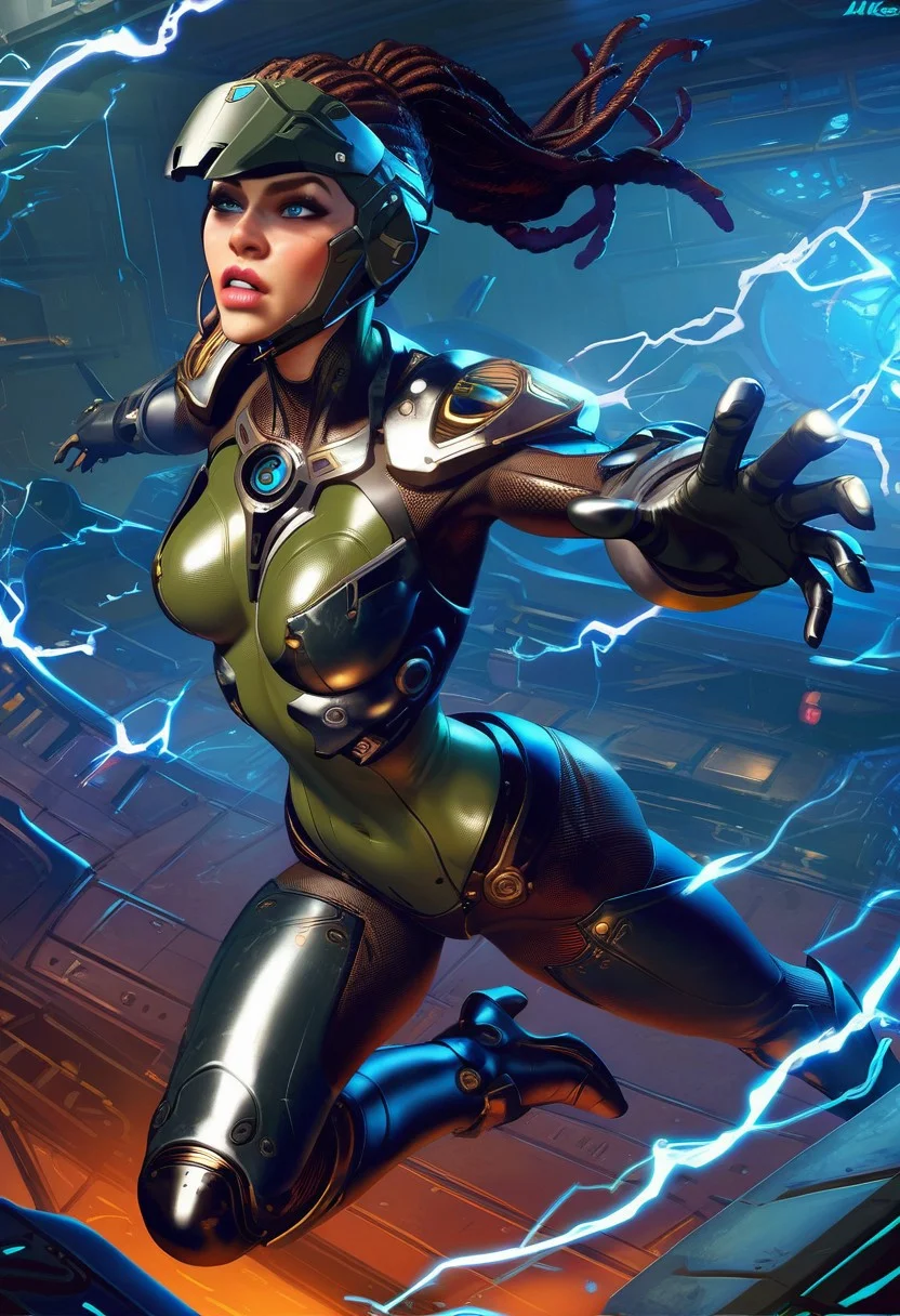1girl, solo, beautiful woman, fair skin, beautiful face,  blue eyes, eyelashes, makeup, full lips, sharenxl, dreadlocks, ponytail hair, breasts, narrow waist, wide hips, big butt, 
bodysuit,armor,helmet, 
indoors, science fiction, military base, 
action pose, jumping, motion, electricity,
BREAK
score_9, score_8_up, score_7_up, score_6_up, source_cartoon, rating_dubious,