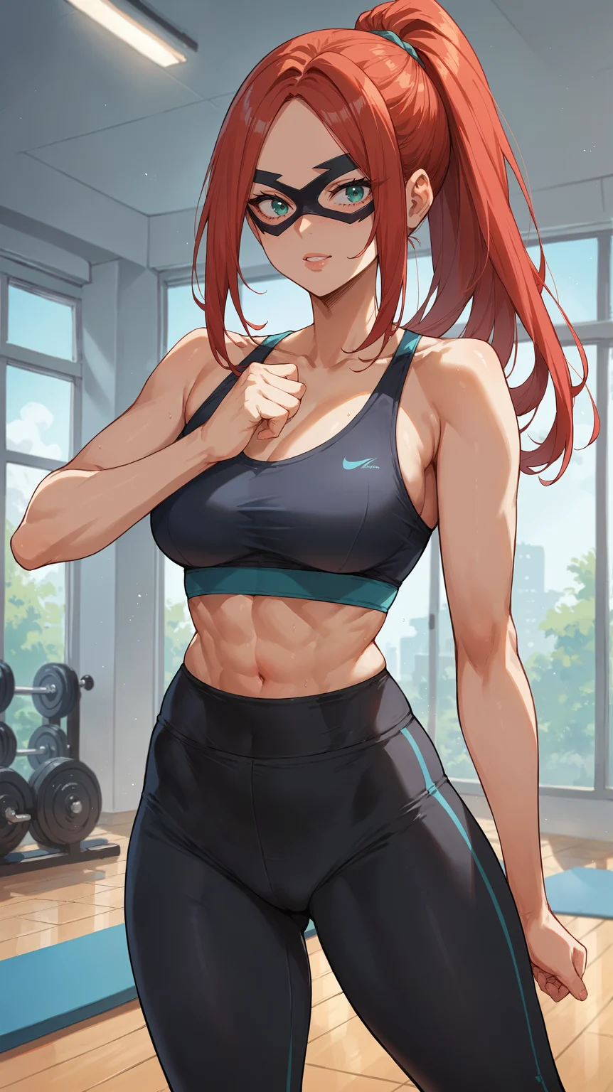 score_9,score_8_up,score_7_up,score_6_up, <lora:xl_more_art-full_v1:0.5>, source_anime, woman, dynamic pose, shushing, <lora:Kiruka Hasaki (Slice) - Pony:0.8>, red hair, long hair, teal eyes, black mask, domino mask, sports bra, yoga pants, gym,