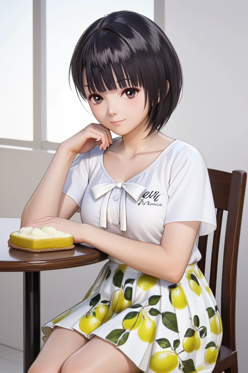 Shirai Hinako, lemon print skirt,casual outfit, 1girl, solo, looking at viewer, short hair, bangs, skirt, shirt, black hair, cafe background, closed mouth, sitting on the chair, table with sponge cake teapot and cup of tea, collarbone, crossing legs, white shirt, short sleeves, cowboy shot, pleated skirt, food, hand up, black eyes, gradient, gradient background, fruit, bob cut, white skirt, hand on own chin, lemon print skirt, <lora:Shirai_Hinako_Blue_Reflection_Pony:1> anime color, seductive smile, photorealistic, cleavge, large breast, dimly li