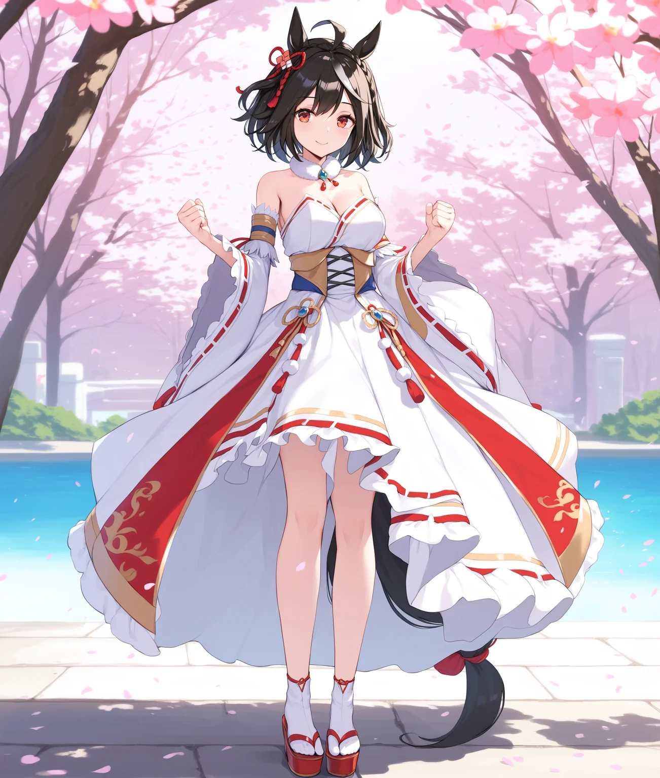 score_9, score_8_up, score_7_up BREAK
spring, outdoors, nature, cherry blossoms,
JSAC, 1girl, solo, breasts, looking at viewer, blush, smile, short hair, bangs, skirt, large breasts, black hair, hair ornament, red eyes, long sleeves, dress, animal ears, cleavage, bare shoulders, medium breasts, closed mouth, standing, tail, full body, braid, ahoge, white hair, multicolored hair, frills, detached sleeves, wide sleeves, medium hair, streaked hair, strapless, thigh strap, detached collar, sandals, white footwear, white skirt, horse ears, frilled sleeves, horse girl, ribbon trim, horse tail, clenched hands, ribbon-trimmed sleeves, fur collar, white sleeves, tabi, platform footwear,
<lora:Kitasan_Black-ponyXL_V1:0.8>,