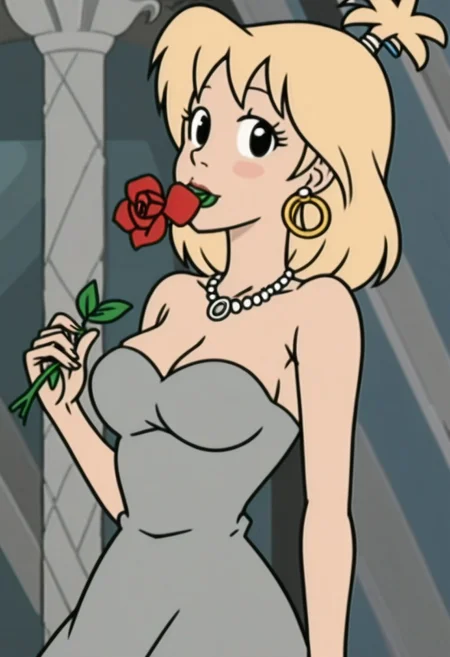 woman, tiffany, kangoo,1girl, jewelry, flower, solo, earrings, blonde hair, dress, necklace, breasts, rose, flower in mouth, red flower, looking at viewer, strapless dress, holding, strapless, upper body, grey dress, petals, medium hair, red rose, mouth hold, holding flower, medium breasts, bare shoulders, black eyes