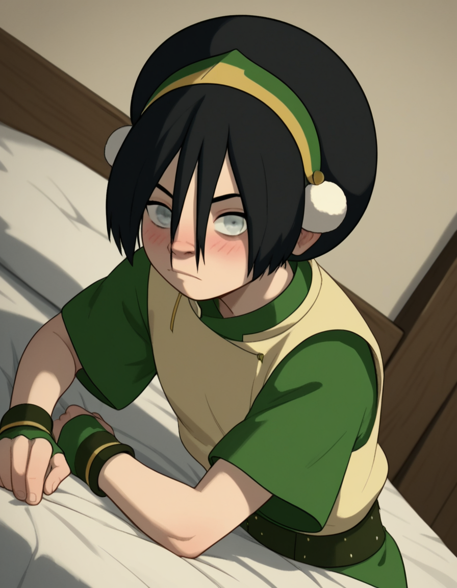 score_9, score_8_up, score_7_up, source_anime, <lora:toph-beifong-book2book3-ponyxl-lora-nochekaiser:1>, toph beifong, black hair, hairband, blind, grey eyes, hair between eyes, short hair,, shirt, green shirt, vest, belt, short sleeves,, indoors, bed, bed room, on side, blush, drunk, looking at viewer, solo,, cowboy shot, dutch angle