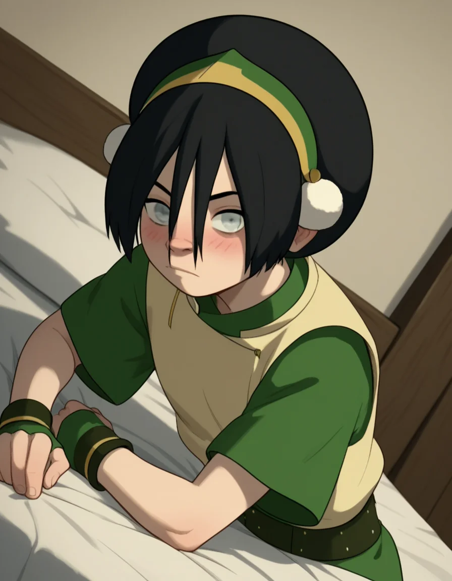 score_9, score_8_up, score_7_up, source_anime, <lora:toph-beifong-book2book3-ponyxl-lora-nochekaiser:1>, toph beifong, black hair, hairband, blind, grey eyes, hair between eyes, short hair,, shirt, green shirt, vest, belt, short sleeves,, indoors, bed, bed room, on side, blush, drunk, looking at viewer, solo,, cowboy shot, dutch angle