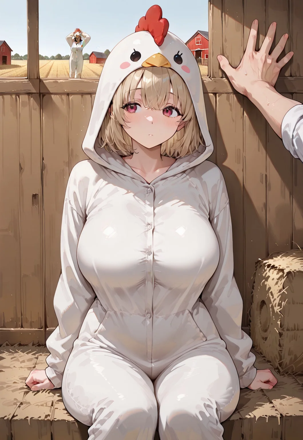 masterpiece, best quality, absurdres, ,povkabedon, 1girl, solo focus, big breasts, animal costume, chicken onesie, falin_touden,farm,barn,hay,sitting,