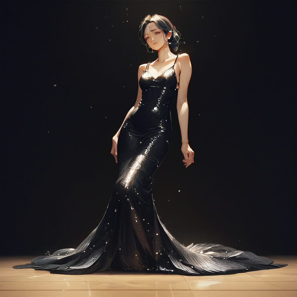score_9, score_8_up, score_7_up, score_6_up, score_9, score_8_up, score_7_up, score_6_up, masterpiece, high quality, (best quality:1.1), source_anime, anime ,eve_girl,BREAK, (black dress:1.5), Evening gown, mermaid dress, sequin dress, spaghetti straps, black, floor-length, bodycon, formal wear, (sample background:1.2),(black background:1.2), cowboy shot,