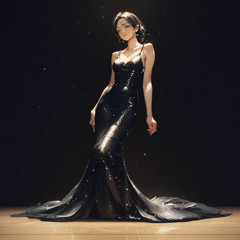 score_9, score_8_up, score_7_up, score_6_up, score_9, score_8_up, score_7_up, score_6_up, masterpiece, high quality, (best quality:1.1), source_anime, anime ,eve_girl,BREAK, (black dress:1.5), Evening gown, mermaid dress, sequin dress, spaghetti straps, black, floor-length, bodycon, formal wear, (sample background:1.2),(black background:1.2), cowboy shot,