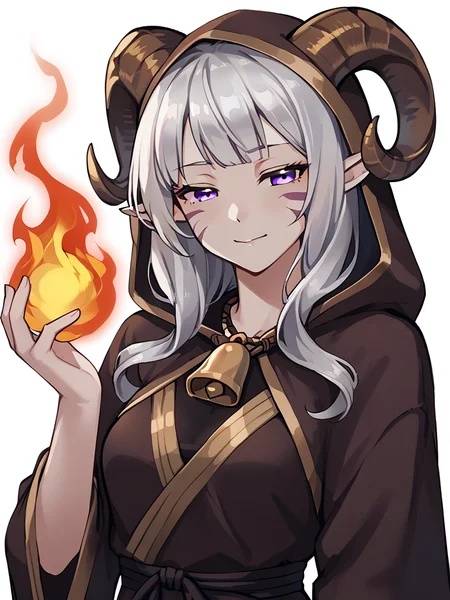 <lora:fireball:0.6>, fireball, magic on hand, looking at viwer:1.2, source_anime,, source_furry, score_7_up, rating_safe, cowboy shot, gold necklace, tiefing, short pointed ears,brown horns, (a pair of brown sheep Horns that begin at her temples and curve back: 1.5), bangs,long silver hair long wavy hair, pale skin,<lora:whisker_markings:0.8> whisker_markings:1.4 , pointy ears, purple eyes:1.2, <lora:age_slider_v4:0.6> medium breasts, skinny female, close up, silver hair, <lora:Tieflingnew weird fantasyDND:0.3> Tiefling, pointed ears, horns, half-closed eyes:1.5,<lora:Smooth Style 2 SDXL_LoRA_Pony Diffusion V6 XL:0.5> shepherd's crook, bell, robe, hood off, <lora:Nanoless_Artist_Style_PonyXL:0.3> highlights:1.2,