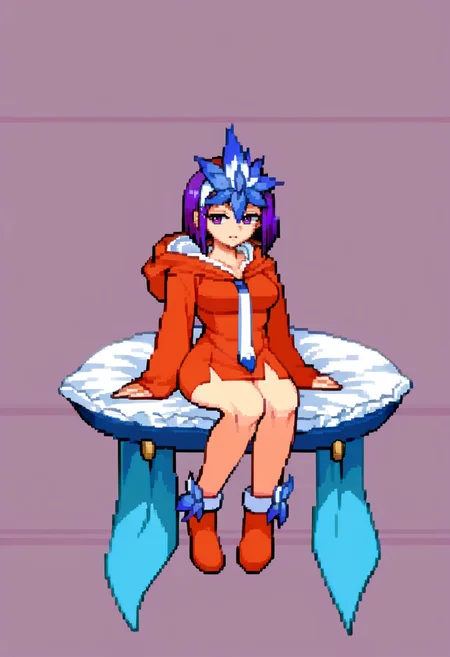 score_9, score_8_up, score_7_up, source_anime, BREAK, solo, 1girl, looking at viewer, <lora:Amane-pdxl_Fp:1>, amanedesu, purple eyes, purple hair, short hair, hair ornament, orange dress, hood, long sleeves, necktie, <lora:CPS2-pdxl_Fp:1>, full body, simple background, looking at viewer, pixel art,
