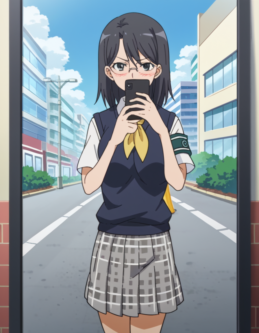 score_9, score_8_up, score_7_up, source_anime, <lora:mii-konori-s1-ponyxl-lora-nochekaiser:1>, mii konori, short hair, black hair, black eyes, glasses, hair between eyes, mature female, anime screencap,, skirt, school uniform, plaid skirt, armband, sweater vest, neckerchief, yellow neckerchief, green armband, pleated skirt,, sidewalk, pedestrians, city, street, walking, smile, <lora:mirror-selfie-ponyxl-lora-nochekaiser:1> selfie, arm behind back, cellphone, covering own mouth, embarrassed, hand up, holding, holding phone, mirror, phone, reflection, smartphone, blush, cowboy shot, looking at viewer, solo,, dutch angle, cowboy shot