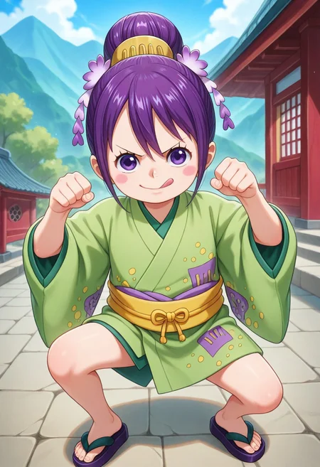 ultra-detailed, ultra-detailed background, ultra-detailed eyes, detailed limb, hair between eyes, outdoors, mountain, 1girl, <lora:Tama_Kurozumi_-_One_Piece__Illustrious:0.8>, child, purple hair, shimada hairstyle, hair bun, purple eyes, eyelashes, one piece wano style, hair ornaments, pink cheeks, green kimono, yellow sash, patched kimono, japanese sandals, loose clothes, fighting stance, detailed toes, v-shaped eyebrows, looking at viewer, licking lips, clenched hands, <lora:hand 5.5_903007:0.1>, well-defined fingers, ultra-detailed fingers, <lora:illustriousXL_stabilizer_v1.7_1135253:0.1>, <lora:spo_sdxl_10ep_4k-data_lora_webui_482964:1>, <lora:Hyper-SDXL-8steps-lora:0.5>, general, masterpiece, best quality, amazing quality, very aesthetic, absurdres,