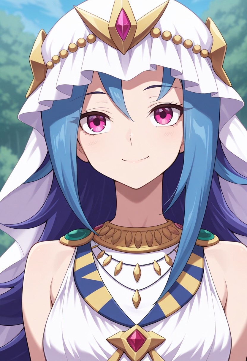 masterpiece,best quality,amazing quality, source_anime,
rioKamishi, 1girl, solo, pink eyes, multicolored hair, purple hair, blue hair, long hair, veil, dress, white dress, sleeveles, jewelry, necklace, portrait, smile,
outdoor,