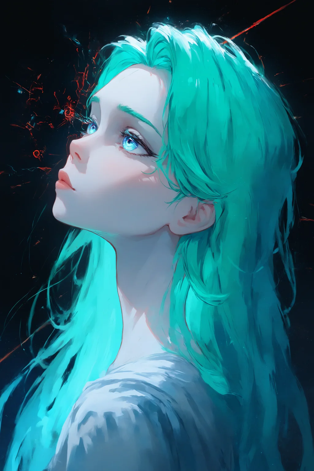 masterpiece, best quality, newest, absurdres, Classicism Art,Oil Painting, young girl wearing an ornate black and gold Cyberpunk Warframe,
Abbott Handerson Thayer, innocent, white skin, pale skin, glowing blue eyes, long flowing green hair, in a dark space ship with a window looking out at a nebula, BREAK shadow and light, intricate (red:1.2) lines extending to the sky, intriguing atmosphere, sharp magnificent details, delicate features, elaborate details, romantic, Rembrandt lighting, rich deep,
inspired by Roman and Greek culture, clarity, harmonious, <lora:ponyv4_noob1_2_adamW-000017:0.7000000000000001>