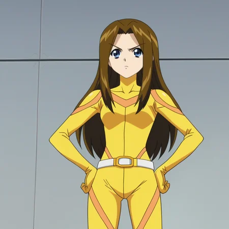 score_7_up, BREAK, anime screencap, Misha Miramond, 1girl, solo, long hair, brown hair, blue eyes, <lora:Misha_Miramond_XL_Leaf1:1>, yellow bodysuit, white belt , cowboy shot, hands on own hips,