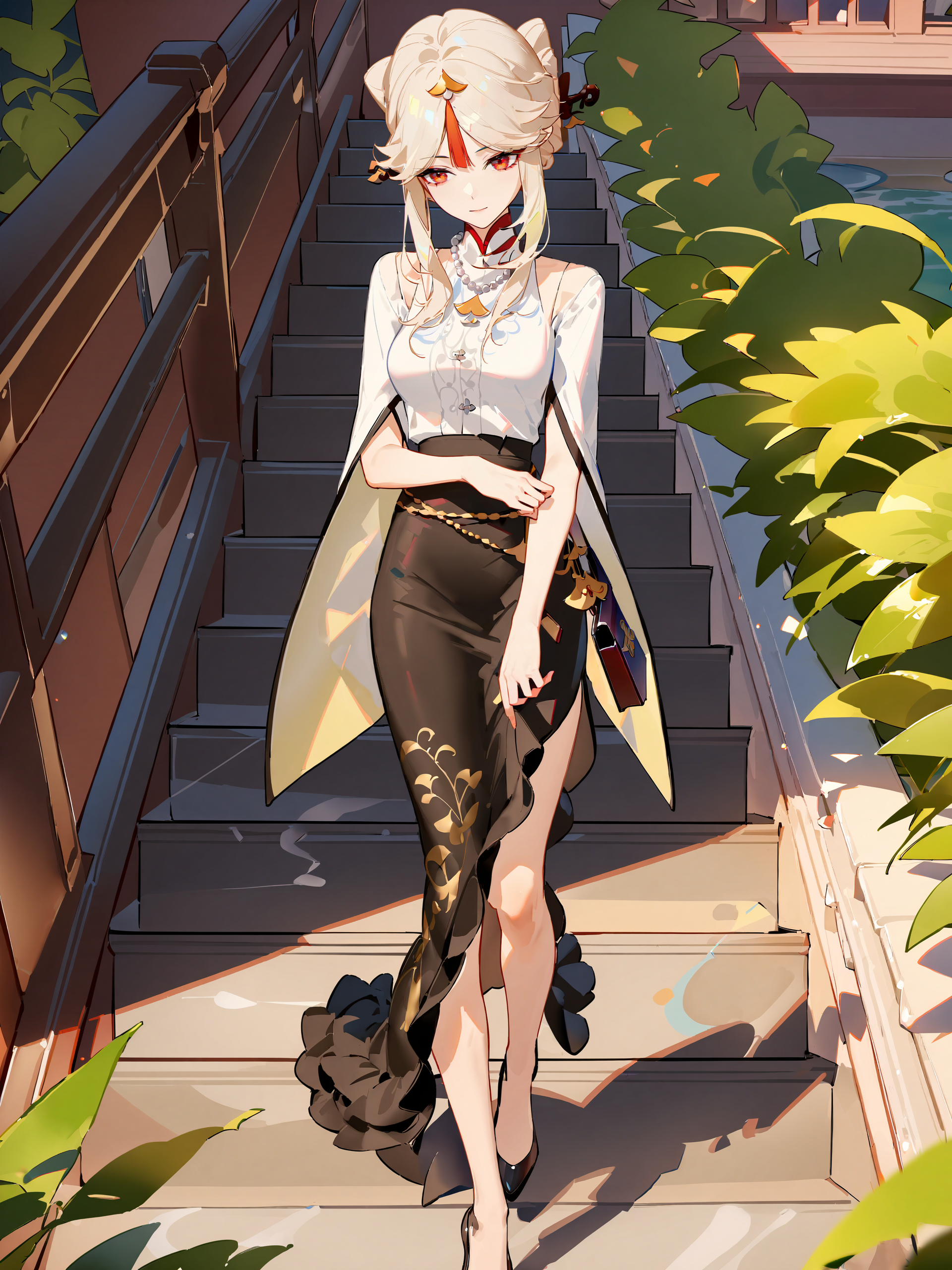 1girl, ningguang-casual, solo, mary janes, high-waist skirt, blouse, wide sleeves, hair up, bead necklace, orange tassel hair ornament, full body, holding bag, handbag, french garden, walking, light smile, looking away, depth of field  <lora:Char-Genshin-Ningguang-XL-V1:0.9>, masterpiece, best quality, very aesthetic, ray tracing, newest,(hitenkei, askzy:0.5), [<lora:detailed_notrigger:0.95>::0.5]