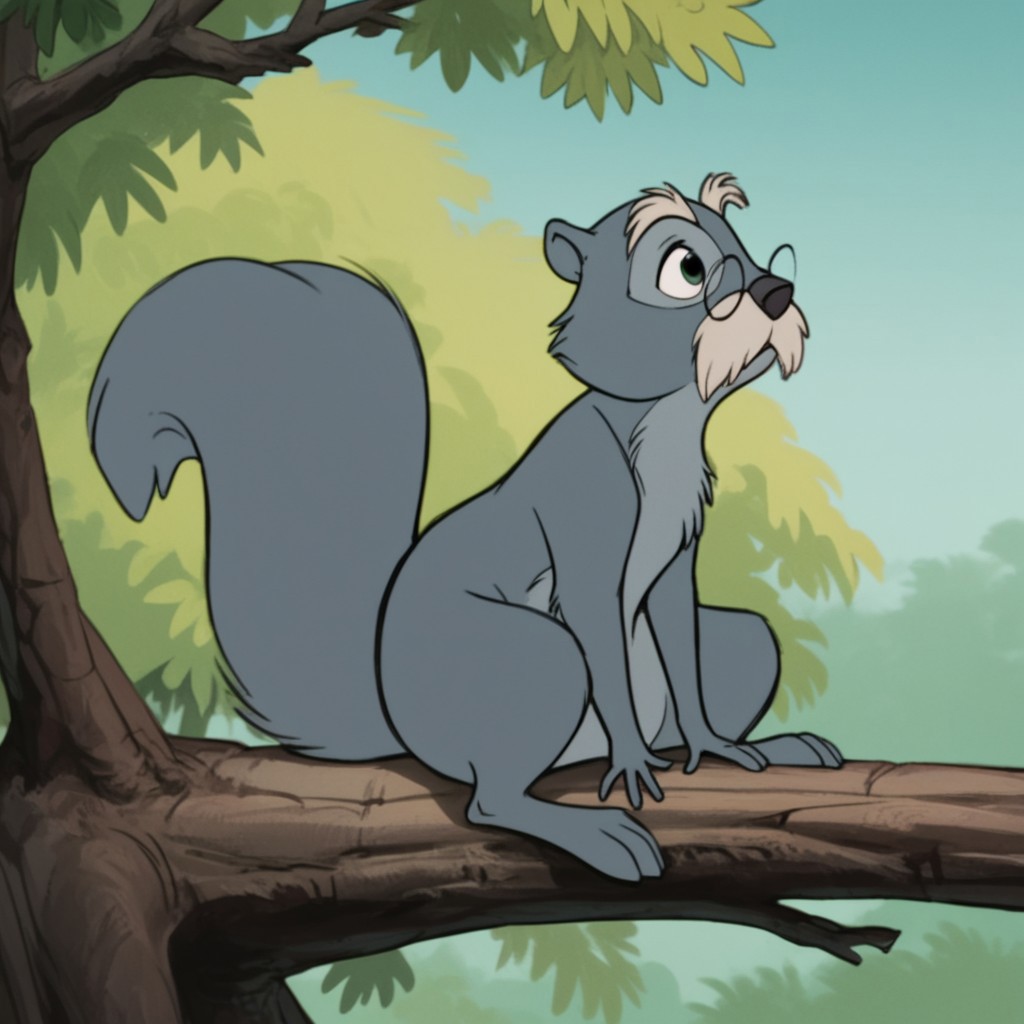 score_9, score_8_up, score_7_up, score_6_up, score_5_up, score_4_up, source_furry, SquirrelMerlin, feral, male, squirrel, grey fur, glasses, squirrel tail, mustache, sitting, in a tree,