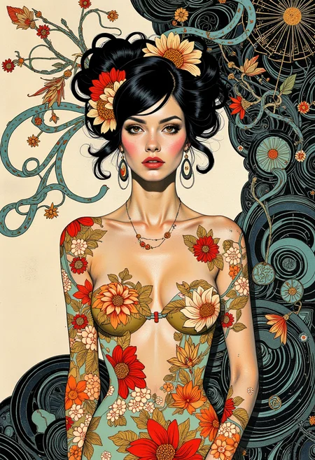 a beautiful sensual woman art by Aaron Horkey, Meghan Howland, Richard Burlet, Howard Chaykin, Victo Ngai