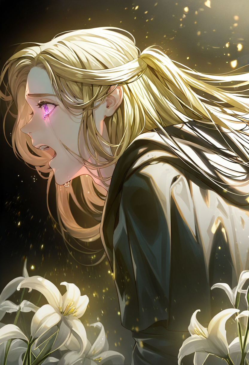 long hair, from side, flower, solo, open mouth, purple eyes, black robe, light particles, upper body, robe, male focus, hood, profile, hood down, tears, 1boy, white flower, crying, crystal, half updo, crying with eyes open, glowing, looking ahead, blonde hair <lora:cuso4XL_NBVP1_lokr_V6311PZ:0.95>