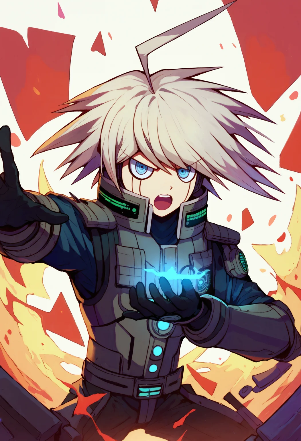 score_9_up score_8_up score_7_up, open mouth, upper teeth, outstretched arm, glowing hand
BREAK
keebo default, 1boy, ahoge, bangs, short hair, grey eyes, grey hair, power armor, android, black gloves, gloves
<lora:danganranpa_v3_pony_d16:1>