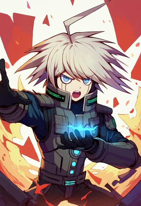 score_9_up score_8_up score_7_up, open mouth, upper teeth, outstretched arm, glowing hand
BREAK
keebo default, 1boy, ahoge, bangs, short hair, grey eyes, grey hair, power armor, android, black gloves, gloves
<lora:danganranpa_v3_pony_d16:1>
