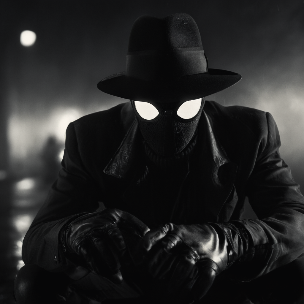 cinematic film still of  <lora:Spider-Man Noir:1>
Spider-Man Noir a man in a hat and a black shirt crouches down in Marvel Noir universe,solo,looking at viewer,gloves,1boy,hat,jacket,monochrome,male focus,fingerless gloves,mask,glowing,squatting,glowing eyes,rain,dark,fedora , dark theme, cinematic noir, dramatic Light, shallow depth of field, vignette, highly detailed, high budget, bokeh, cinemascope, moody, epic, gorgeous, film grain, grainy