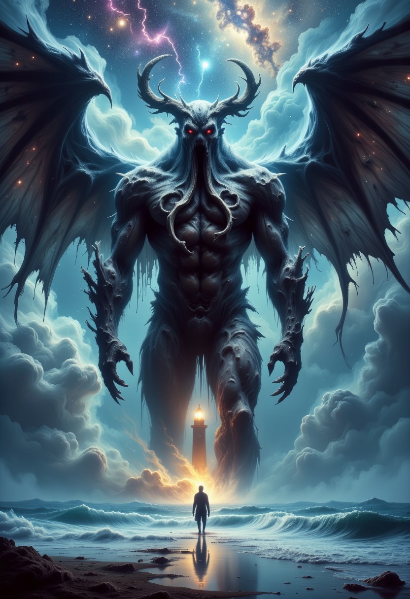 A colossal figure with a kraken head with a large tentacle beard and dark wings strides ominously through a stormy ocean night. A tiny sailor stands frozen on the beach, illuminated by a lighthouse's yellow beam. Lightning splits the sky, revealing a galaxy of stars and a sense of impending terror.