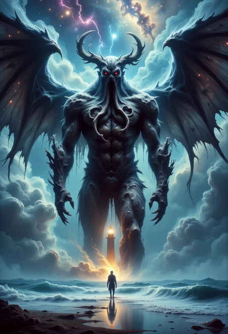 A colossal figure with a kraken head with a large tentacle beard and dark wings strides ominously through a stormy ocean night. A tiny sailor stands frozen on the beach, illuminated by a lighthouse's yellow beam. Lightning splits the sky, revealing a galaxy of stars and a sense of impending terror.
