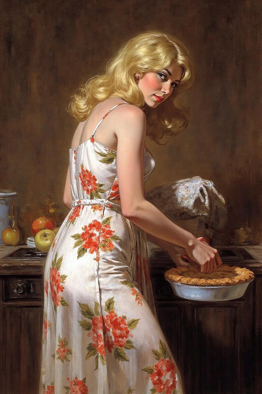 robmc1 illustration. 
A blonde woman wearing floral dress, baking apple pie in a rustic kitchen <lora:robmc1_cap_d6a3e12:1.0><lora:820277842593179200:0>