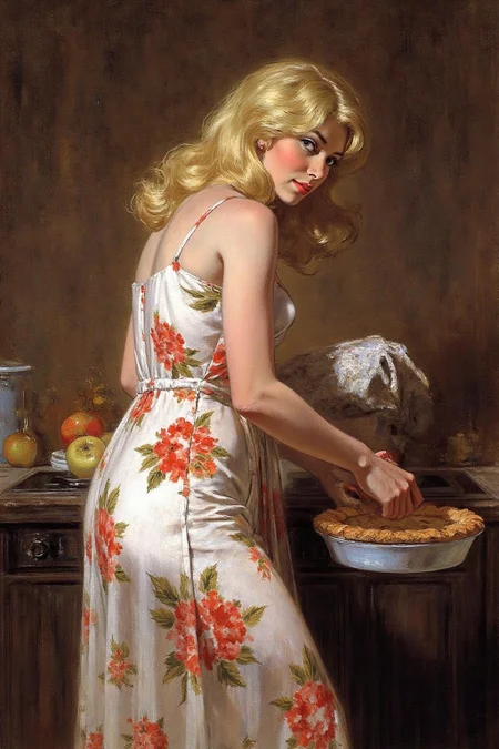 robmc1 illustration.
A blonde woman wearing floral dress, baking apple pie in a rustic kitchen <lora:robmc1_cap_d6a3e12:1.0><lora:820277842593179200:0>