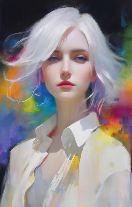 (Style by NTY:1.4), a woman, black shirt, white hair, intricate, colorful, <lora:OilPaint:0.7>