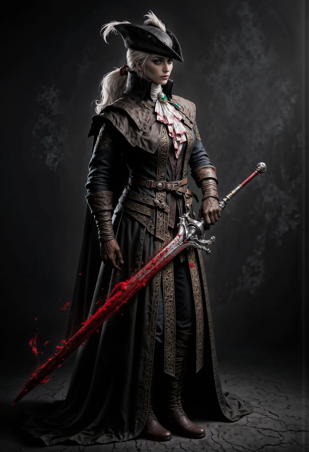 epic action scene of Lady Maria holding a bloody sword <lora:FluxLadyMaria:1> <lora:FluxMythP0rtr4itStyle:0.7> <lora:aidmaHyperrealism:0.5> aidmaHyperrealism