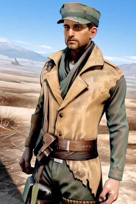 score_9, score_8_up, score_7_up, score_6_up, perfect anatomy, perfect proportions, best quality, masterpiece, high_resolution, high quality, best aesthetic, incredibly absurdres, highres, extremely detailed, huge filesize, solo male, adult, mature, masculine, manly, handsome, charming, alluring, standing, upper body, dutch angle, cowboy shot, perfect face, source_game \(Fallout 4\), official style \(Fallout 4\), Robert MacCready\(Fallout 4\), FO4MacCready, brown hair, short hair, blue eyes, facial hair, beard, MacCready_Outfit, white undershirt, tan duster coat, heavily damaged leather duster, green scarf, utility cover, utility cap with two rifle rounds, combat webbing sling, olive green fatigues pants, tactical pouch on right thigh, leg bandolier, Fallout 4 location, post-apocalyptic ruins, desolated landscape, dark blue sky