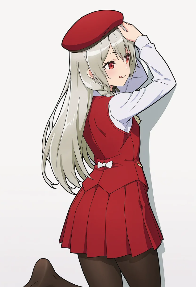 Smooth Quality,masterpiece,very intricate, high quality details, ultra realistic, high detailed skin,detailed enviorement,absurdres,
Hand on own head,
<lora:Ange_Maidena_CNR:0.8> ange_cnr, 1girl, grey hair, red eyes, long hair,
red_cnr,single braid, side braid,white shirt, red vest, school uniform, red skirt, pleated skirt,black pantyhose, beret, red hat,white bow, bowtie,, simple background, white background, from behind,
leaning against wall, one foot up, arms crossed, looking away,,, ;q,