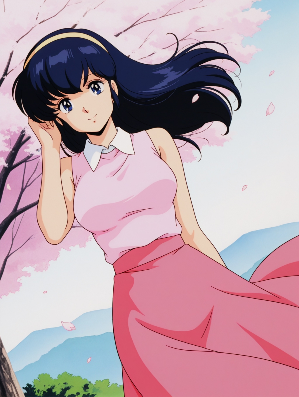 masterpiece, best quality, amazing quality, detailed background, perfect eyes, anime coloring, anime screenshot, 1980s \(style\), 1girl, solo, mature female, otonashi kyouko, black hair, long hair, blue eyes, medium breasts, yellow hairband, pink sleeveless shirt, white collar, bare shoulders, pink skirt, long skirt, looking at viewer, smile, dutch angle, cowboy shot, (outdoors, cherry blossoms, petals, wind, floating hair, hand on own hair, floating clothes)