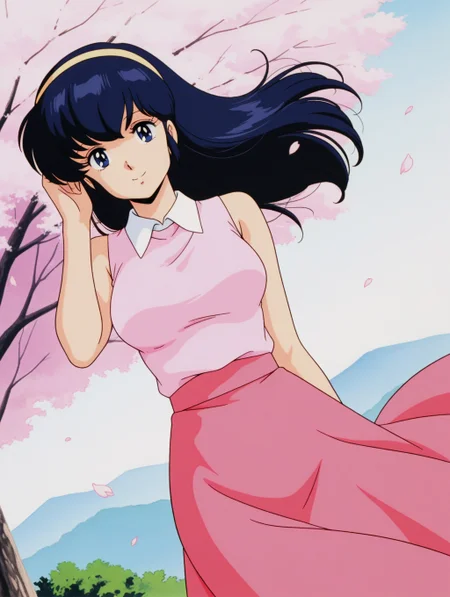 masterpiece, best quality, amazing quality, detailed background, perfect eyes, anime coloring, anime screenshot, 1980s \(style\), 1girl, solo, mature female, otonashi kyouko, black hair, long hair, blue eyes, medium breasts, yellow hairband, pink sleeveless shirt, white collar, bare shoulders, pink skirt, long skirt, looking at viewer, smile, dutch angle, cowboy shot, (outdoors, cherry blossoms, petals, wind, floating hair, hand on own hair, floating clothes)