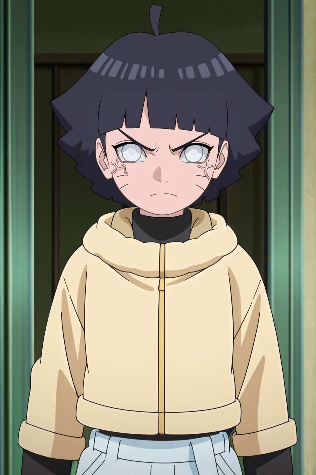 masterpiece, best quality, absurdres, highres, very aesthetic, very awa, BREAK, anime coloring, anime screencap,
 <lora:uzumaki_himawari_v2-illustrious_r1:1>,1girl, uzumaki himawari, boruto: naruto next generations, black hair, whisker markings, short hair, ahoge, 
byakugan, white eyes, veins, frown, angry, serious,  himagen, yellow jacket, turtleneck, long sleeves, 
BREAK, looking at viewer, 
BREAK,