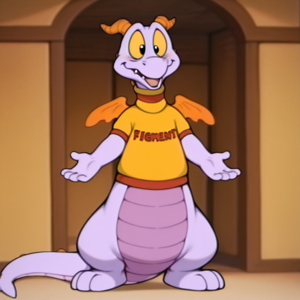 masterpiece, best quality, amazing quality, Figmentdrgnil, semi-anthro, dragon, purple skin, black eyes, yellow sclera, orange horns, orange wings, yellow shirt with red trim,  standing, inside, solo, full body