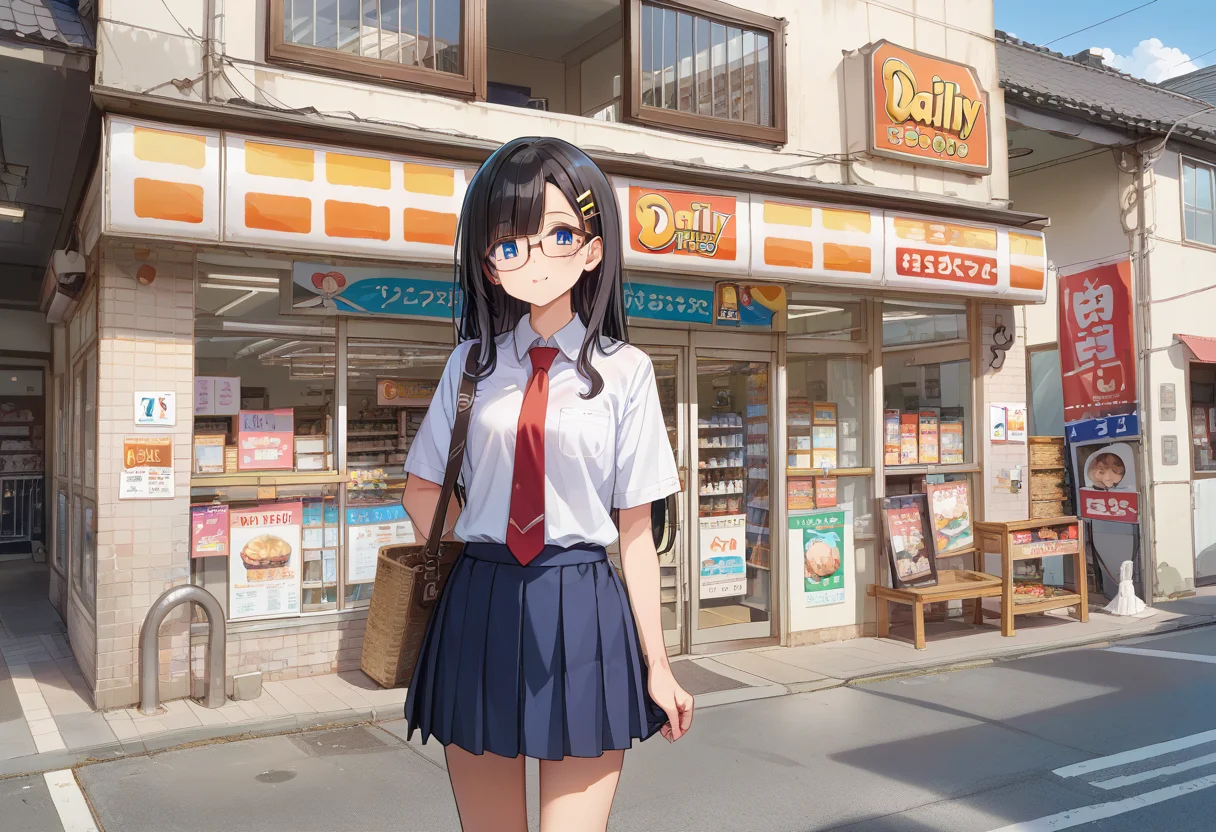 score_9, score_8_up, score_7_up, rating_safe, masterpiece, best quality, absurdres, unity 8k wallpaper, official art, official style, source_anime, uncensored, game cg, megami magazine,
1girl, solo, glasses, black hair, long hair, blue eyes, collared shirt, red necktie, pleated skirt, blue skirt, looking at viewer, blush,
YamazakiDaily, konbini, scenery, storefront, japan, shop, scenery, multiple girls, outdoors, sign, city, storefront, road, street, building, real world location
<lora:yamazakidaily_storefront_PONY_V1:1>