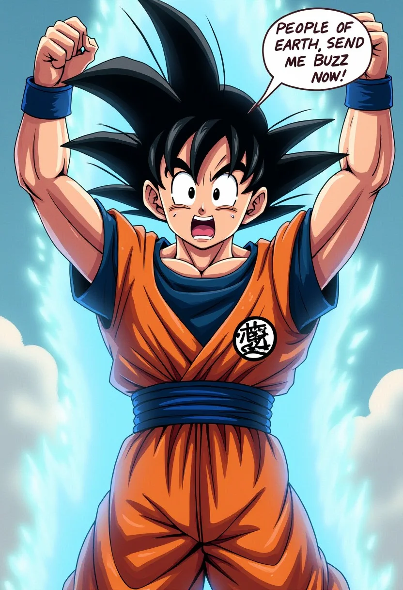 Goku standing with his arms pressing up, his signature Gi has battle damage, he has a angered expression on his face, there's a speech bubble that says "PEOPLE OF EARTH, SEND ME BUZZ NOW". theres a faint blue glow coming from his hands