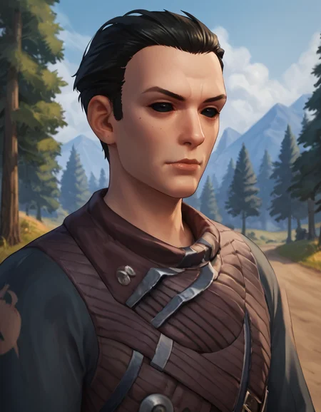 score_9, score_8_up, score_7_up, score_6_up, score_5_up, <lora:SWTOR - Vector Hyllus - Pony:0.7>, swtor_vector, 1boy, black hair, short hair, sideburns, solid eyes, (black sclera:1.1), long coat,belt, outdoors, trees, plants, mountain, upper body, three quarter view, looking at viewer, portrait