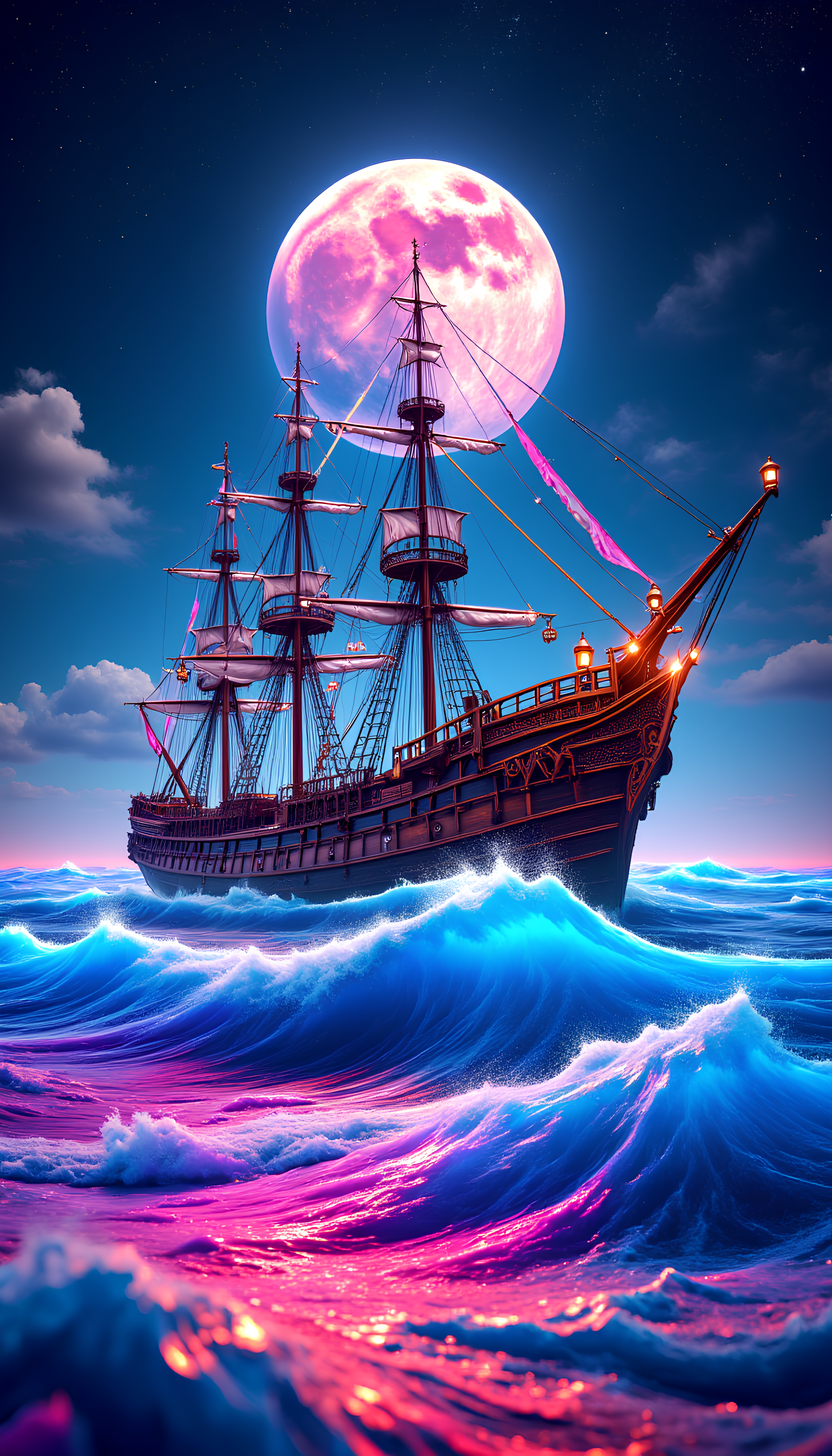 A majestic, old three-masted sailing ship in the PsyDreamer style battles the vibrant, churning waves of a surreal sea. The towering waves crash against the shipâs sides, each wave glistening with a rainbow of psychedelic colors â neon blues, electric purples, and vivid pinks, blending seamlessly as they rise and fall. Above, a full moon shines in the sky, casting a soft, iridescent glow that transforms the seaâs surface into a kaleidoscope of shifting colors. Tiny, sparkling stars fill the sky, twinkling in shades of bright white, soft pink, and electric blue, adding a magical sense of depth. The shipâs three tall masts stand proudly against the night sky, its sails catching the moonlight and shimmering with subtle, trippy patterns. Small lanterns hang along the shipâs deck, flickering in a warm, pulsing orange that casts playful reflections on the shipâs weathered wood, contrasting with the intense, colorful waves. The moonlight, lanterns, and stars merge to create a dreamlike, trippy scene filled with hypnotic energy, capturing the essence of the PsyDreamer aesthetic in every detail. PsyDreamer, aidmaHyperrealism