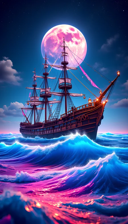A majestic, old three-masted sailing ship in the PsyDreamer style battles the vibrant, churning waves of a surreal sea. The towering waves crash against the shipâs sides, each wave glistening with a rainbow of psychedelic colors â neon blues, electric purples, and vivid pinks, blending seamlessly as they rise and fall. Above, a full moon shines in the sky, casting a soft, iridescent glow that transforms the seaâs surface into a kaleidoscope of shifting colors. Tiny, sparkling stars fill the sky, twinkling in shades of bright white, soft pink, and electric blue, adding a magical sense of depth. The shipâs three tall masts stand proudly against the night sky, its sails catching the moonlight and shimmering with subtle, trippy patterns. Small lanterns hang along the shipâs deck, flickering in a warm, pulsing orange that casts playful reflections on the shipâs weathered wood, contrasting with the intense, colorful waves. The moonlight, lanterns, and stars merge to create a dreamlike, trippy scene filled with hypnotic energy, capturing the essence of the PsyDreamer aesthetic in every detail. PsyDreamer, aidmaHyperrealism