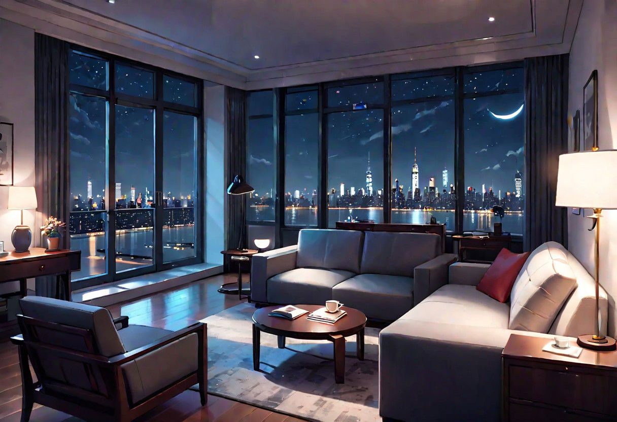 ((front view)), Shallow scene, ((animation style)), modern-style interior, with white walls, (large windows), a  study, Sofa, coffee table, bookcase, single wall, gloomy room, Turn off the indoor lights and turn on only the desk lamp, quiet and mysterious night sky, starry sky, moonlight, city night view, (City high-rise building scenery), (City scenery outside the window)