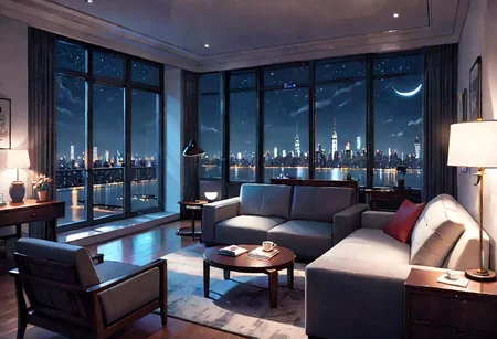 ((front view)), Shallow scene, ((animation style)), modern-style interior, with white walls, (large windows), a  study, Sofa, coffee table, bookcase, single wall, gloomy room, Turn off the indoor lights and turn on only the desk lamp, quiet and mysterious night sky, starry sky, moonlight, city night view, (City high-rise building scenery), (City scenery outside the window)
