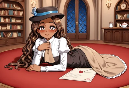 high definition 1girl, solo, franimel, dress, long hair untill hips, brown skin, brown eyes, freckles, blushing, hat, beige tie, soft illumination, full body, victorian library, detailed background, night, sitting down on a red carpet, tea cup, old inkwell, old pen, paper sheets lying around, cute smile, look at viewer, sighing, heart-shaped pupils, hands on chest together, grabbing a old letter