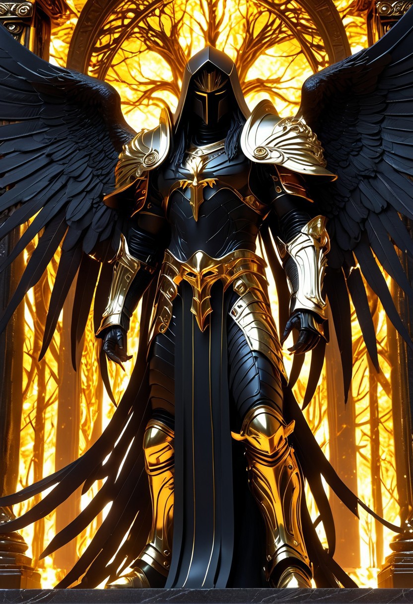 A great, imposing dark angel warrior, Lucifer, dark armor with gold details, hood shadowing his face, long black hair, glowing amber eyes, golden angels wings on his back, standing in front of a great dark tree, a gate at the root, glowing light, glowing eyes, flames in the background, cloudy sky, moody light, by H.R Giger, 4k resolution digital art trending on Artstation and unreal engine 5, hyperrealism, full body shot, glowing eyes, cinematic, epic, masterpiece, surreal, fantasycore, hyperdetailed, ultra realistic, octane render, volumetric lighting, depth of field, bokeh, 8 <lora:Details:0.85>
